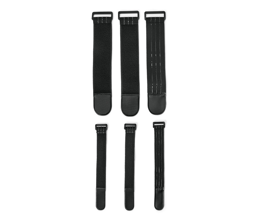 Six sangles de fixation élastiques noires, 3 en haut et 3 en bas, sur fond blanc.