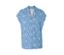Blouse bleue avec encolure en V et motif géométrique blanc.