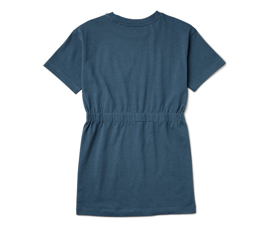 Robe en heavy jersey bleu pour enfant avec des manches courtes et cordon de serrage à la taille.