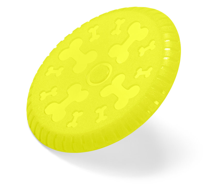 Frisbee jaune pour chien avec relief d'os sur fond blanc.
