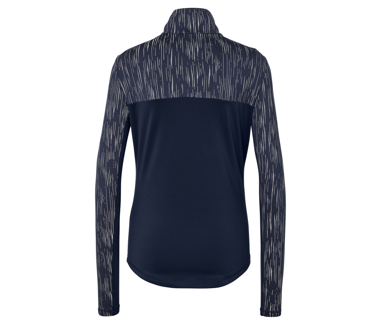 Veste à manches longues bleu foncé avec motif blanc sur les épaules et les manches.