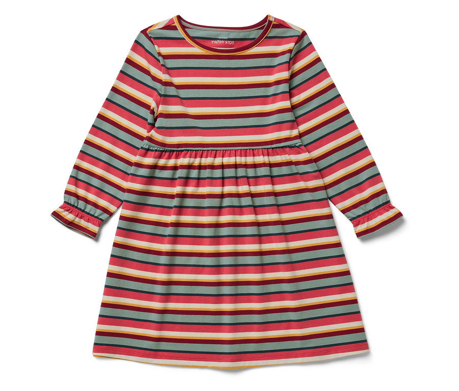 Robe rayée à manches longues pour fille dans les couleurs rose, vert, jaune et bleu marine.