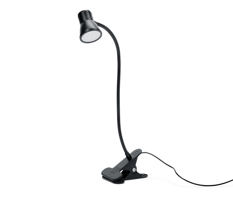 Une lampe LED à pince noire sur fond blanc.