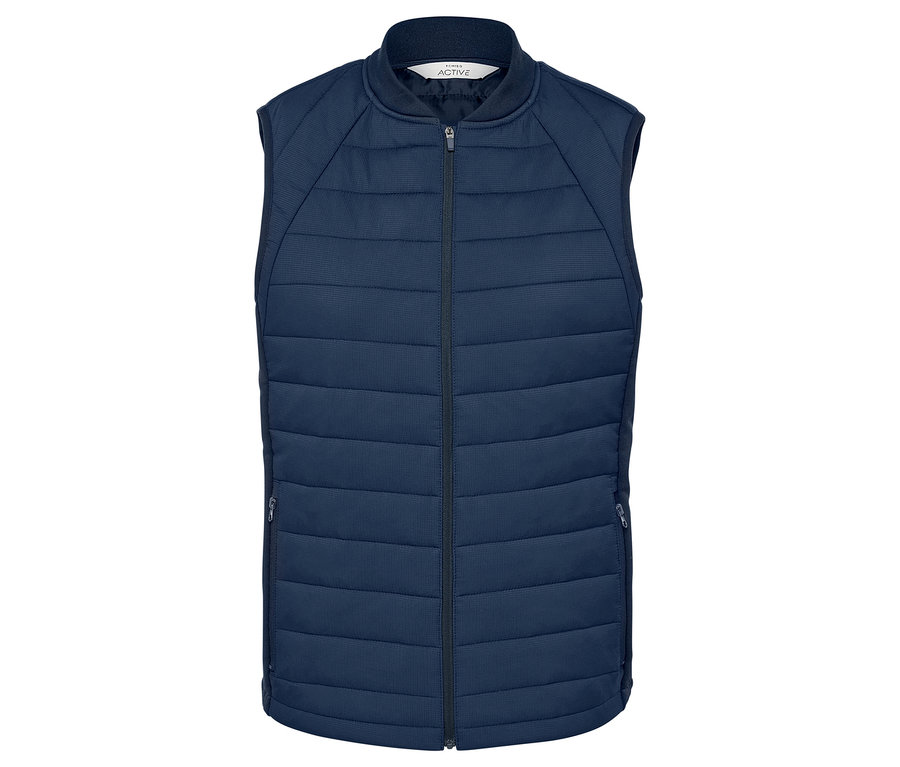 Gilet sans manches matelassé thermique bleu marine avec fermeture éclair.