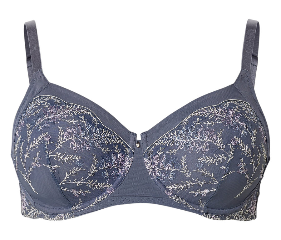 Soutien-gorge gris avec broderies florales.