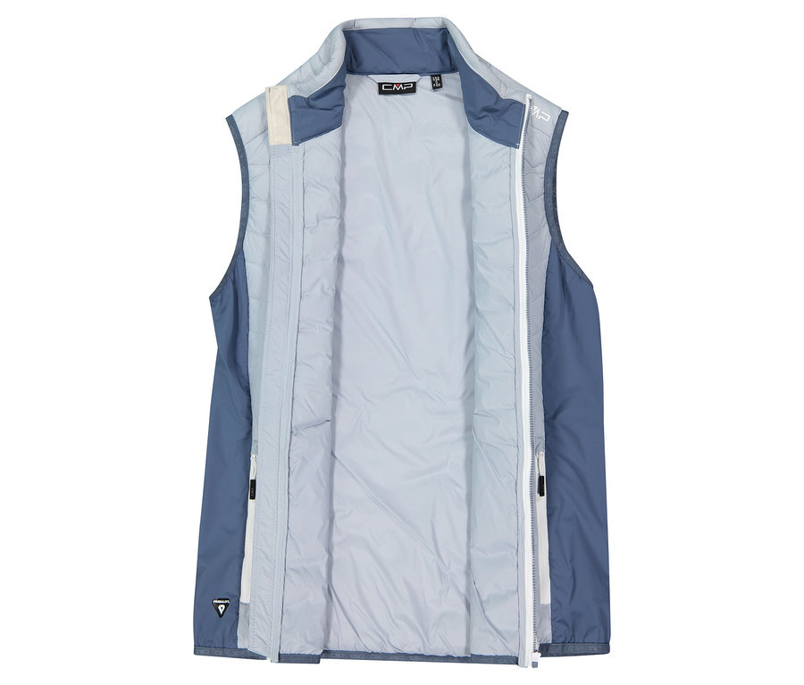 Gilet CMP ouvert bleu clair et bleu foncé avec fermeture éclair intégrale.