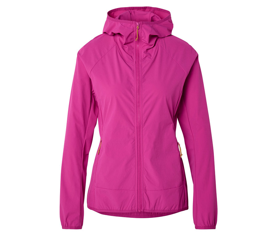 Veste rose doublée avec capuche et fermeture éclair sur le devant.