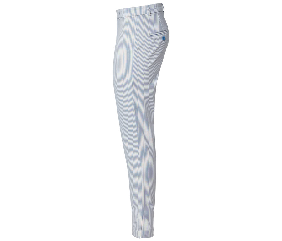 Vue latérale d'un pantalon rayé bleu clair.