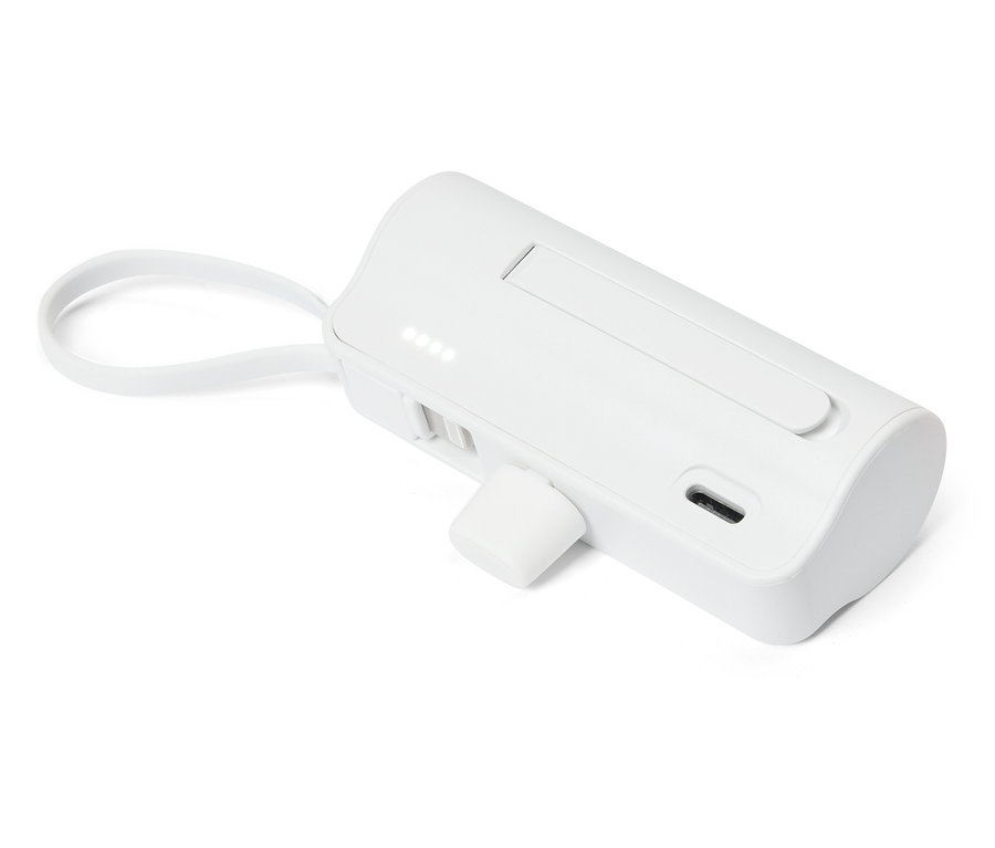 Un bloc-batterie blanc rectangulaire avec un port USB-C intégré et une boucle est posé sur un fond blanc.