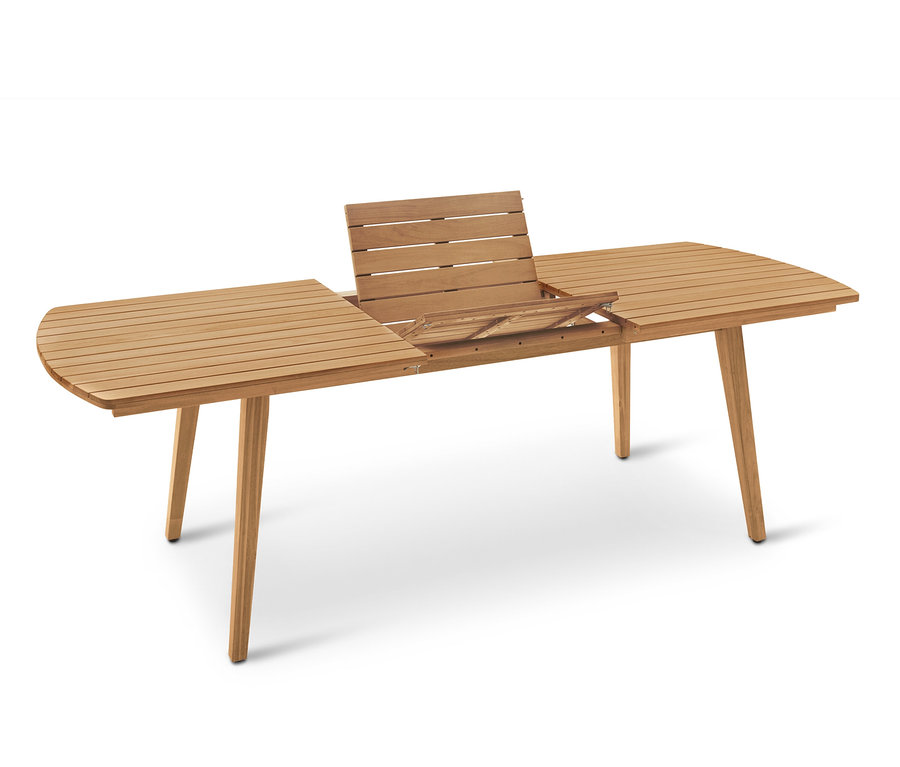 Table en bois extensible avec motif à lamelles.