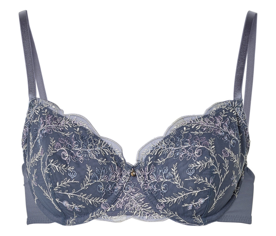 Soutien-gorge gris avec broderies florales.