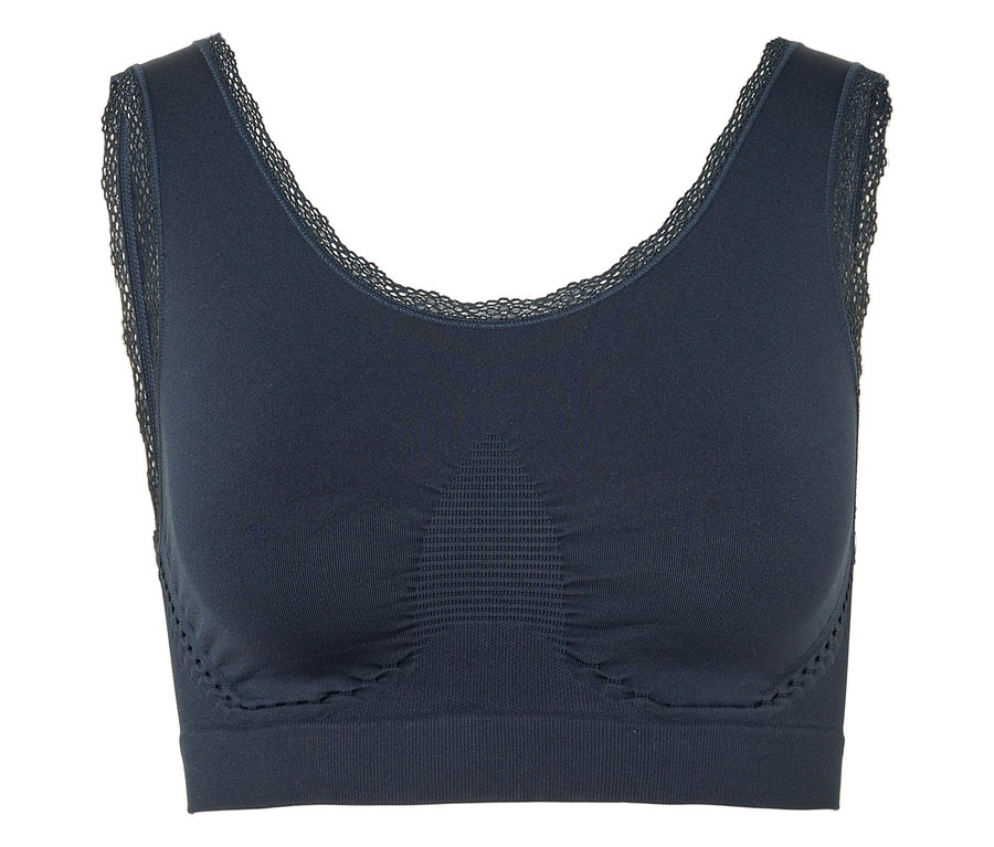 Soutien-gorge de sport bleu marine avec dentelle à l'encolure.