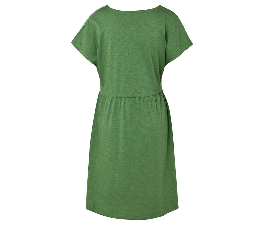 Vue arrière d'une robe verte à manches courtes avec une taille élastique.