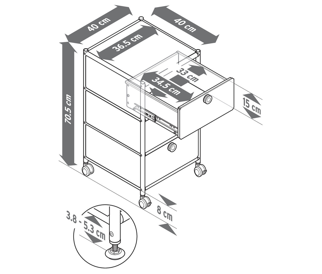 Schéma d'un caisson à roulettes « CN3 » avec 3 tiroirs, dont un est ouvert. Les dimensions sont indiquées en centimètres.