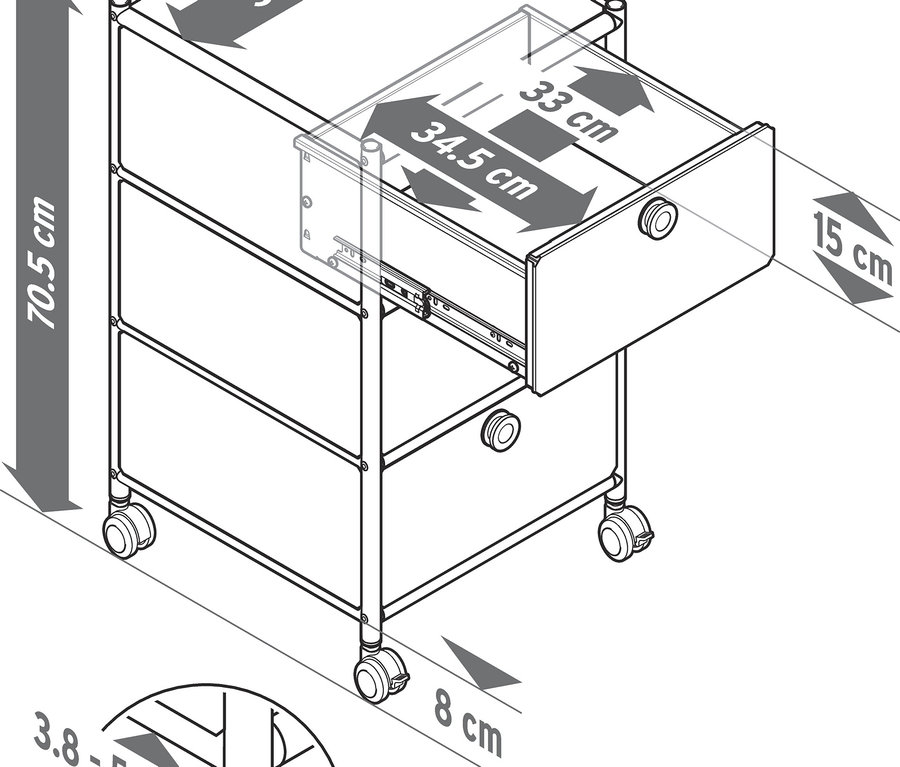 Schéma d'un caisson à roulettes « CN3 » avec 3 tiroirs, dont un est ouvert. Les dimensions sont indiquées en centimètres.