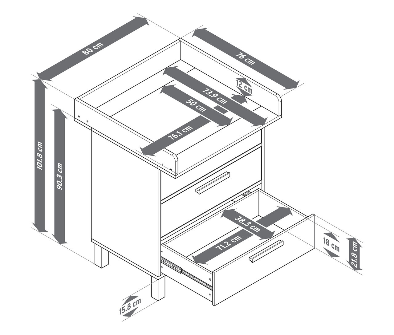 Image d'une commode à langer «	Leira	» avec tiroirs, avec indication des dimensions.