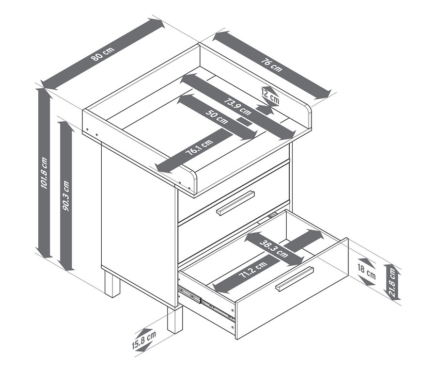 Image d'une commode à langer « Leira » avec tiroirs, avec indication des dimensions.