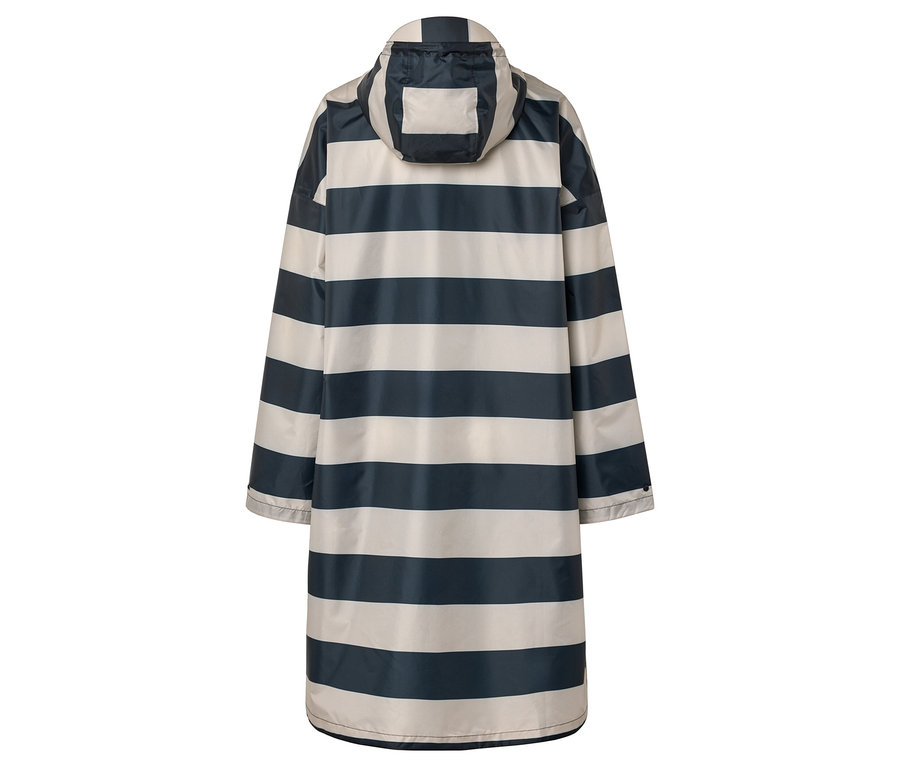 Vue arrière d'un imperméable rayé bleu marine et beige avec capuche.