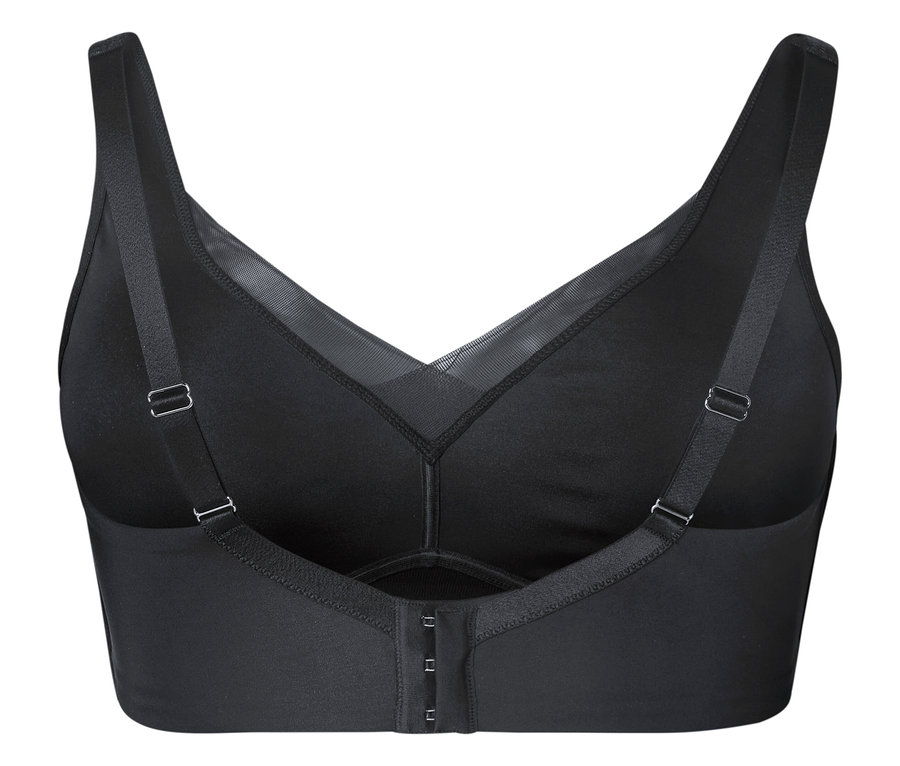 Vue arrière d'un soutien-gorge noir avec bretelles réglables et fermeture à agrafes.