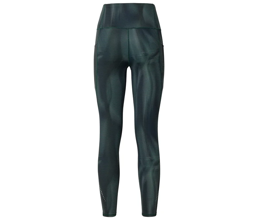 Vue arrière d'un legging vert foncé à rayures horizontales avec poches latérales.