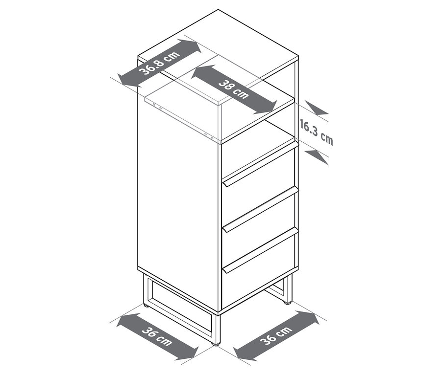 Schéma détaillé de la colonne à tiroirs «
LEEG
» avec 3 tiroirs, comprenant les dimensions.