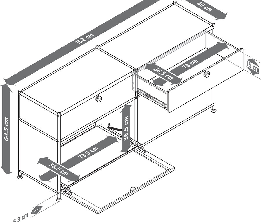 Schéma en noir et blanc d'une armoire avec des dimensions.