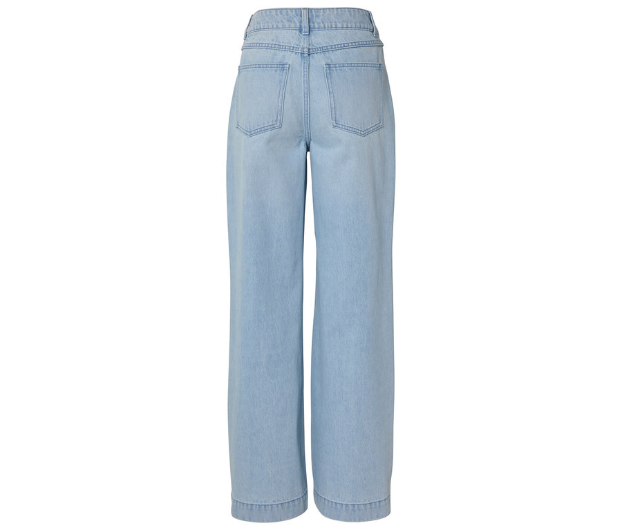 Vue arrière d'un jean bleu clair à coupe large et jambes droites.
