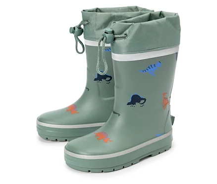 Paire de bottes de pluie vertes avec motifs de dinosaures et cordon de serrage en haut.