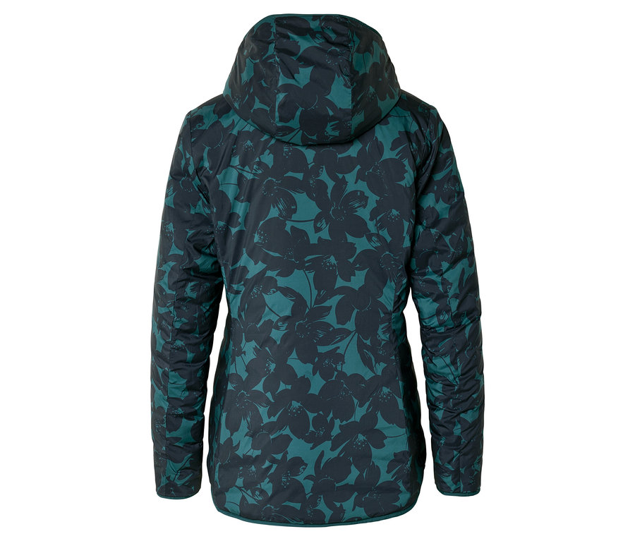 Vue arrière d'une veste matelassée à capuche imprimée d'un motif floral vert et gris foncé.