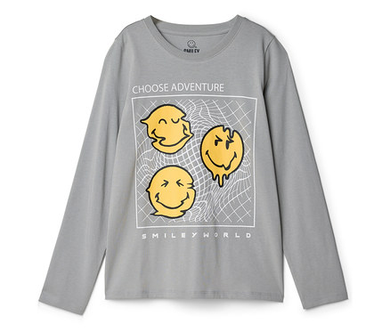 T-shirt à manches longues pour enfant SMILEYWORLD® gris avec un imprimé: trois visages souriants jaunes déformés dans un cadre blanc, "CHOOSE ADVENTURE" au-dessus, "SMILEY WORLD" en-dessous.