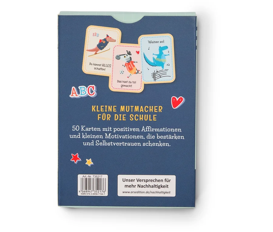 Jeu de cartes Kleine Mutmacher für die Schule avec 50 cartes et des affirmations positives sur fond bleu.