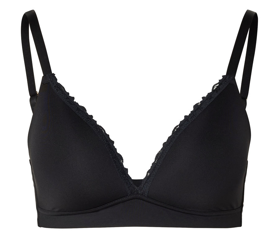 Soutien-gorge noir avec fines bretelles et dentelle au décolleté.