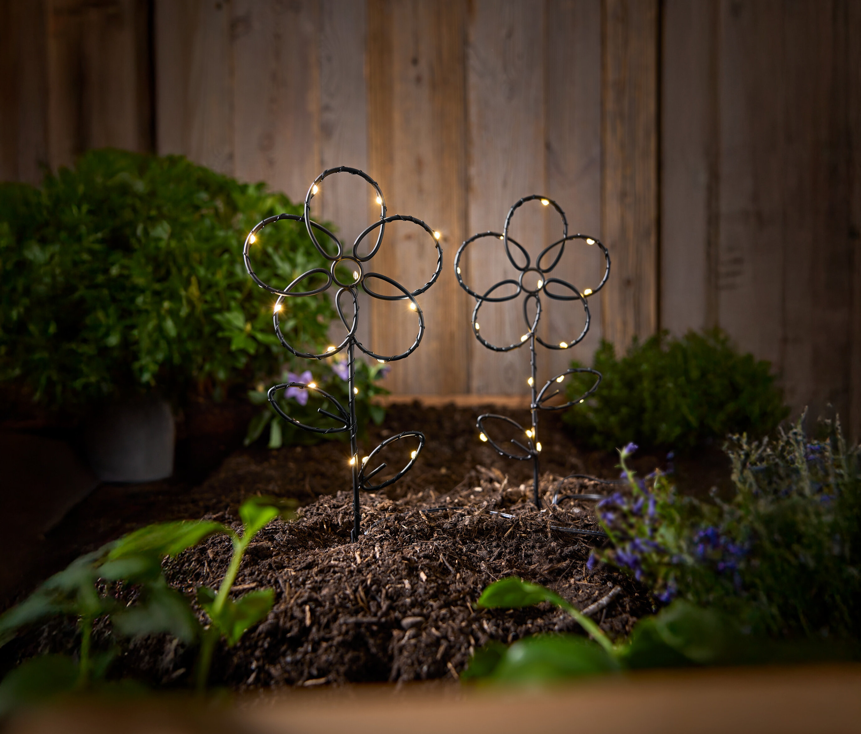 Deux piquets de jardin noirs en forme de fleurs avec des lumières LED sont plantés dans la terre devant un mur en bois.