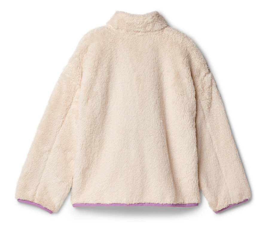 Vue arrière d'un pull en polaire crème avec une bordure violette.