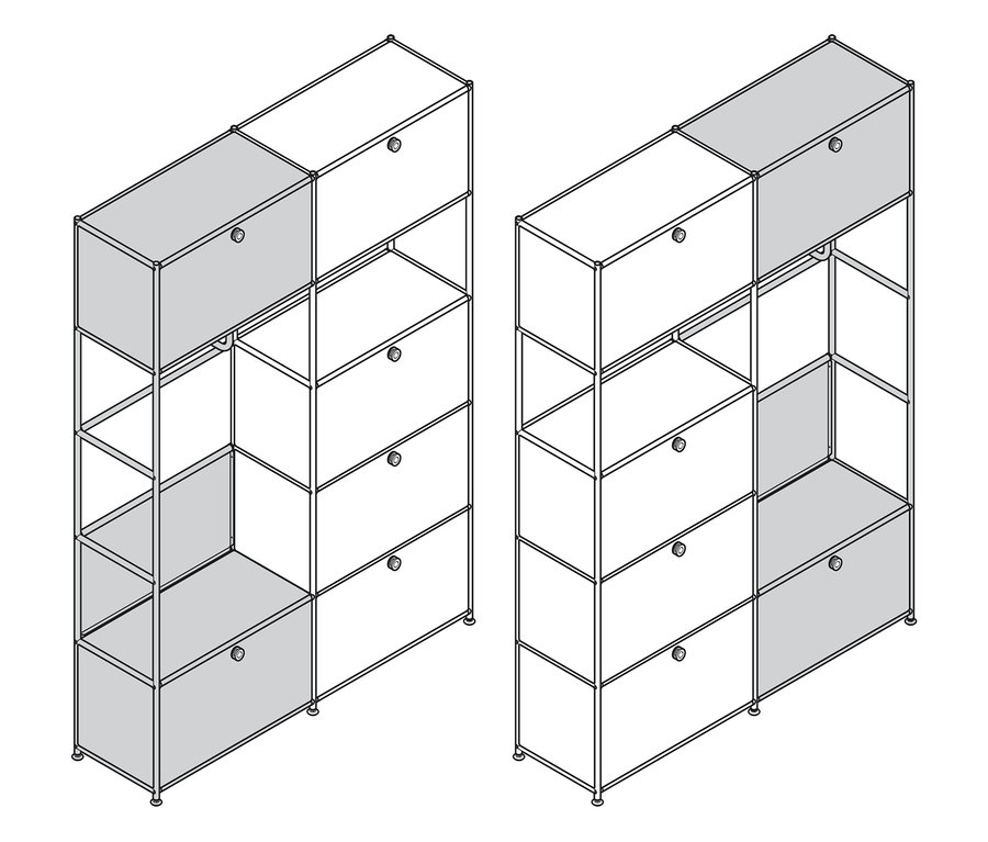 Deux systèmes d'armoires métalliques « CN3 », l'un avec des portes grises en haut et en bas à gauche, l'autre avec une porte grise en haut à droite.