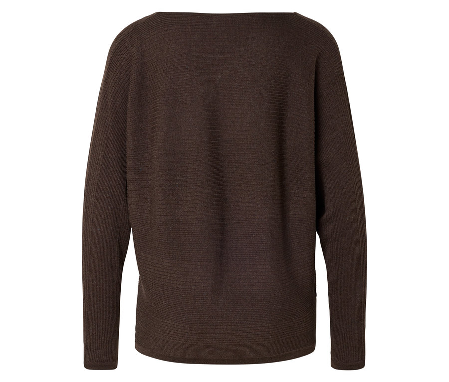 Pull marron foncé à côtes horizontales et à manches longues, vu de dos.