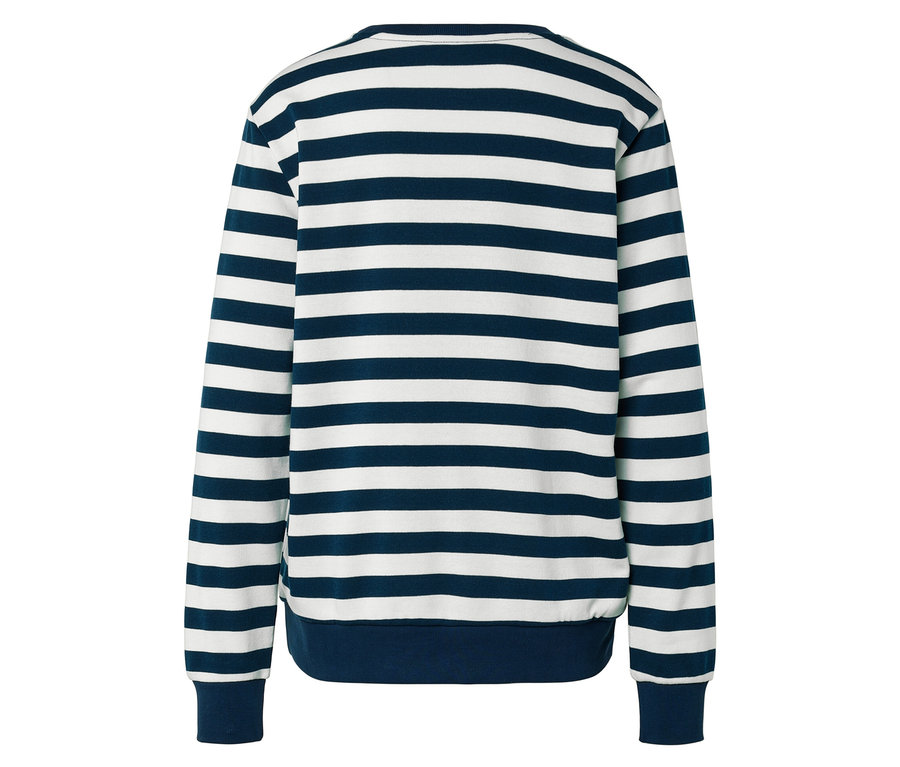 Vue arrière d'un t-shirt à manches longues rayé bleu et blanc.