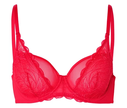 Soutien-gorge rouge à armatures avec bretelles rouges et dentelle sur fond blanc.