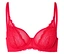 Soutien-gorge rouge à armatures avec bretelles rouges et dentelle sur fond blanc.
