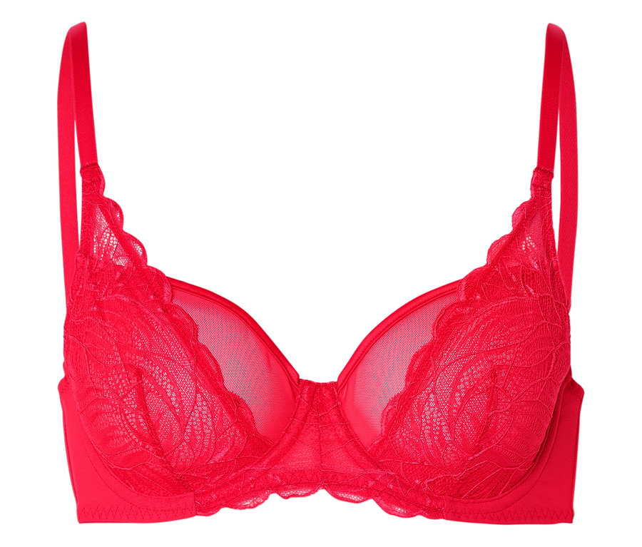 Soutien-gorge rouge à armatures avec bretelles rouges et dentelle sur fond blanc.