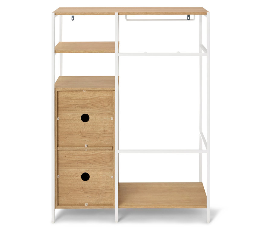 Une étagère avec des surfaces en bois marron clair et un cadre en métal blanc se dresse sur un fond blanc.