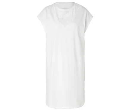 Robe t-shirt blanche longueur genou avec encolure en V et détails floraux.