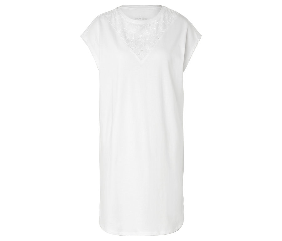 Robe t-shirt blanche longueur genou avec encolure en V et détails floraux.