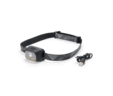 Une lampe frontale noire avec un bandeau à motifs gris et blancs et un câble de chargement USB.