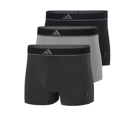 Trois boxers pour hommes en noir, gris clair et gris foncé, empilés avec des ceintures noires et un logo gris.