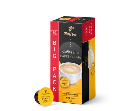 Paquet de 30 capsules Cafissimo Caffè Crema doux. La boîte est rouge, noire et jaune. Une capsule est posée à côté de l'emballage.