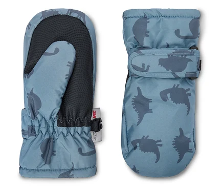 Deux moufles bleues à motif dinosaure avec des paumes foncées sur un fond blanc.