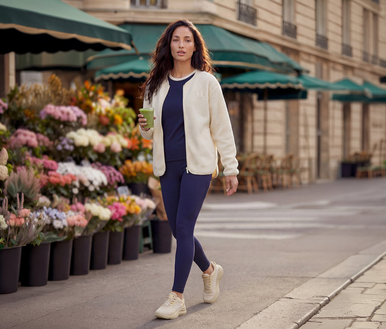 Femme marchant sur un trottoir, vêtue d'une veste polaire crème, d'un haut et d'un legging bleu marine, tenant un smoothie vert, passant devant un étal de fleurs colorées.