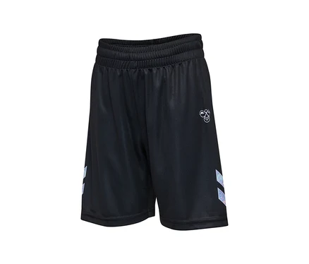 Short hummel® HML Shimmer noir avec taille élastique, logo blanc et bandes chevrons irisées sur les côtés.