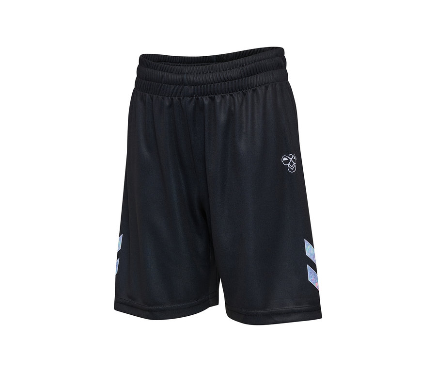 Short hummel® HML Shimmer noir avec taille élastique, logo blanc et bandes chevrons irisées sur les côtés.